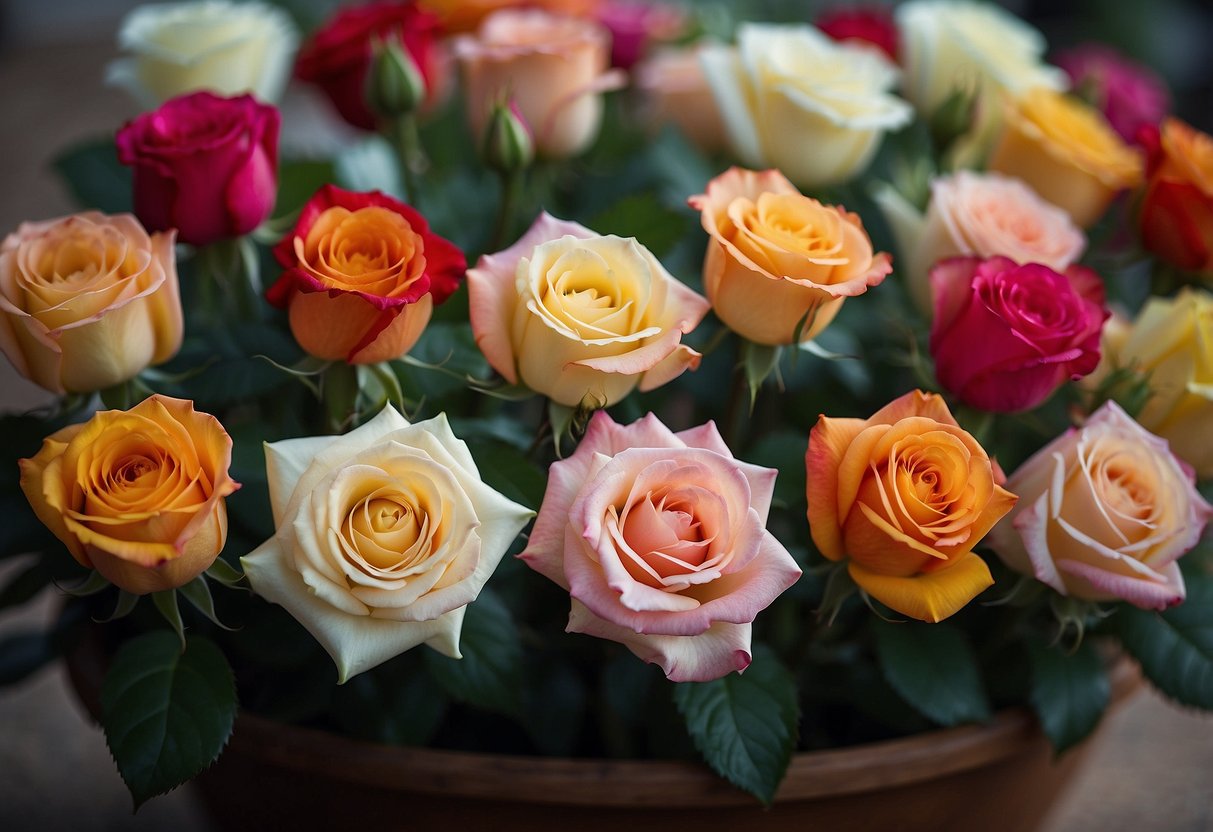 A variety of roses in different colors and shapes, with name tags indicating their historical significance