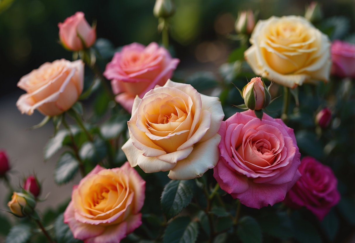 A variety of roses with different colors and shapes arranged in a garden, with labels displaying their specific names and uses