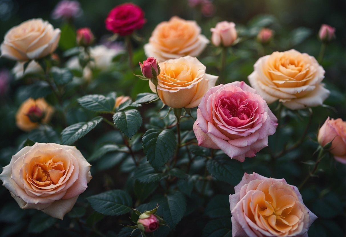 A garden filled with various species of roses, showcasing their different colors and shapes, with care and cultivation tools scattered around