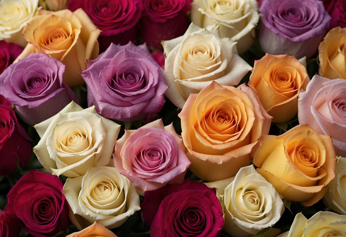 A variety of roses arranged in rows, labeled with their respective names for classification