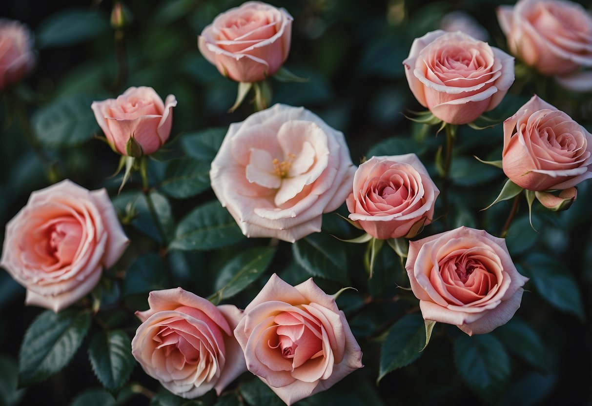 A variety of roses affected by diseases and pests, with their names written beside them