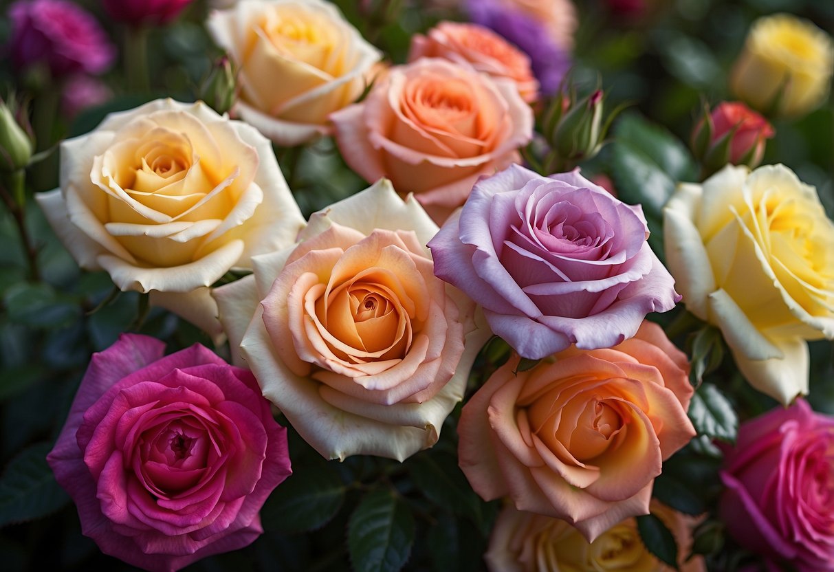 Vibrant roses of various shades, each with a unique meaning, fill a garden. Names of different rose species are written in elegant script alongside the blooming flowers
