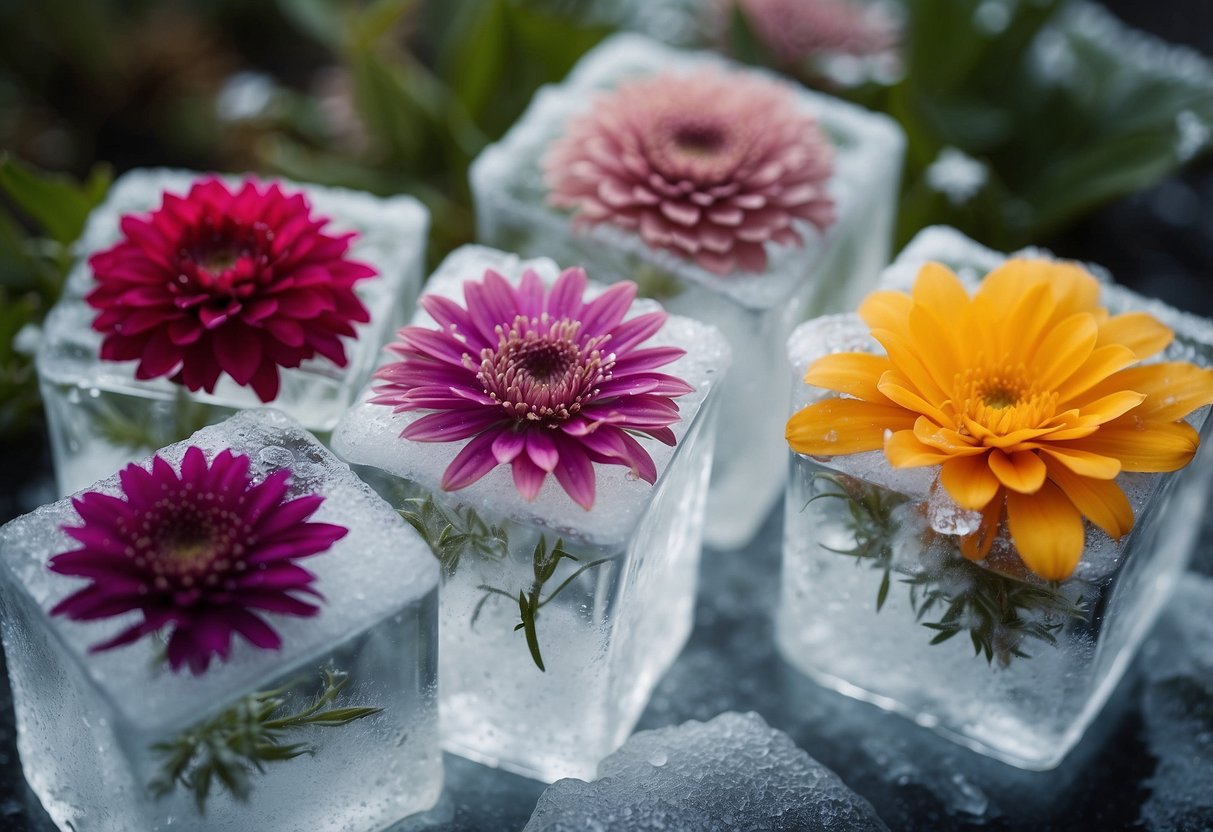 A variety of frozen flowers with names displayed on ice blocks
