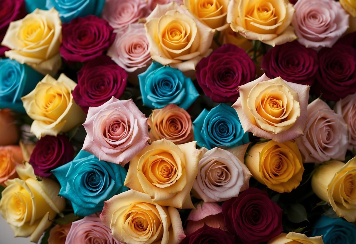 A colorful array of roses from different cultures and art styles, showcasing their unique names and characteristics