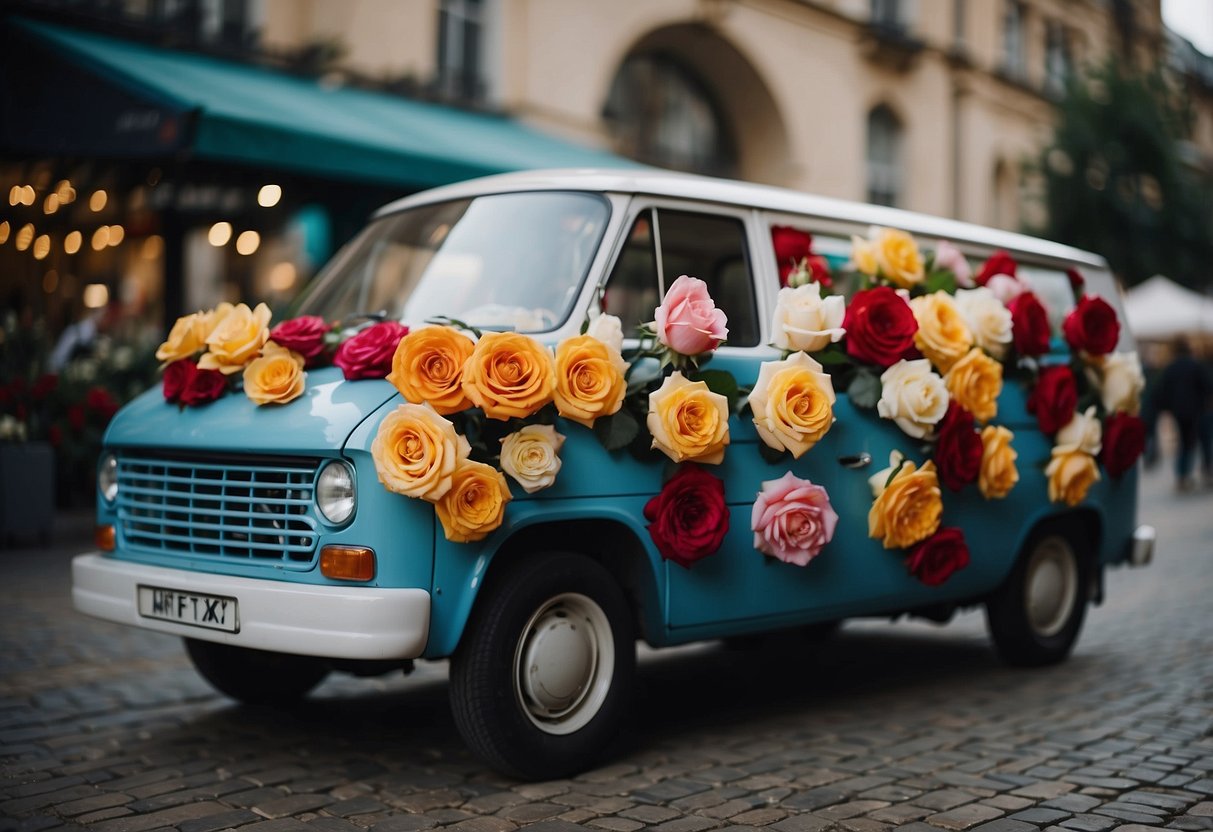 A colorful van filled with various types of roses, with their names written on small signs, parked in a busy market square