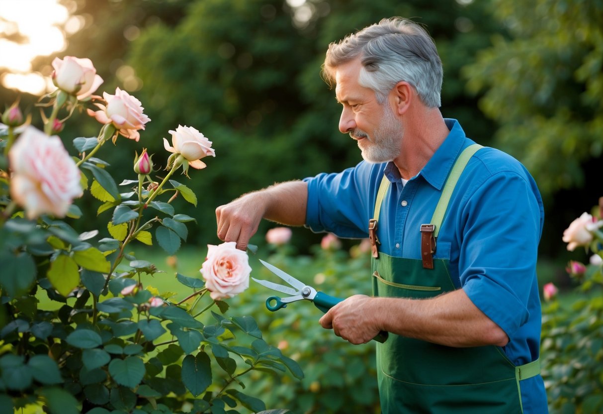 Een tuinier die oude rozen snoeit in een weelderige tuinomgeving