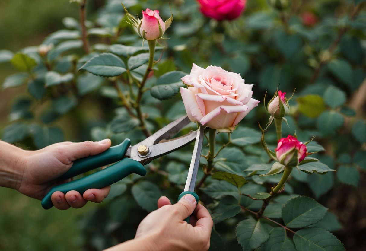 Een verwaarloosde rozenstruik die wordt teruggesnoeid om nieuwe groei te bevorderen en de plant te verjongen