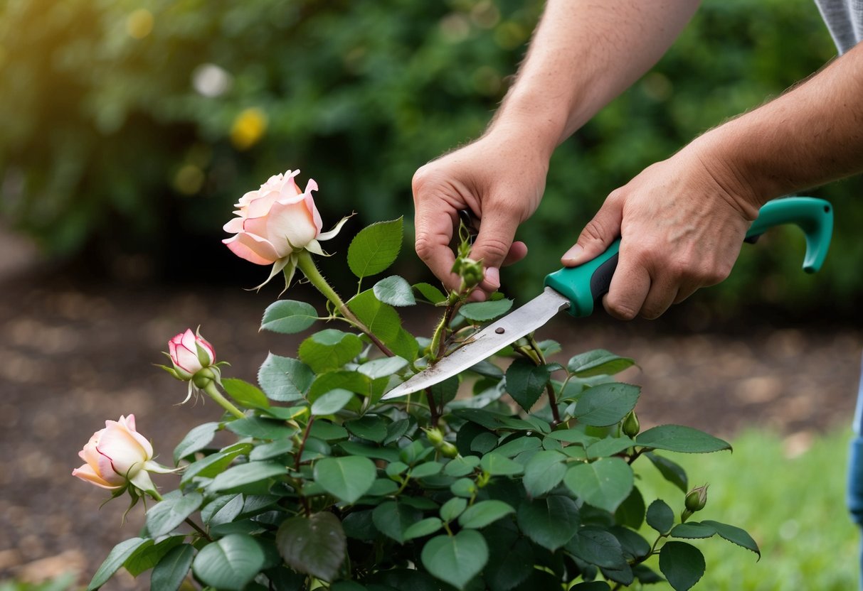 Een verwaarloosde rozenstruik die wordt gesnoeid en verzorgd door een tuinman