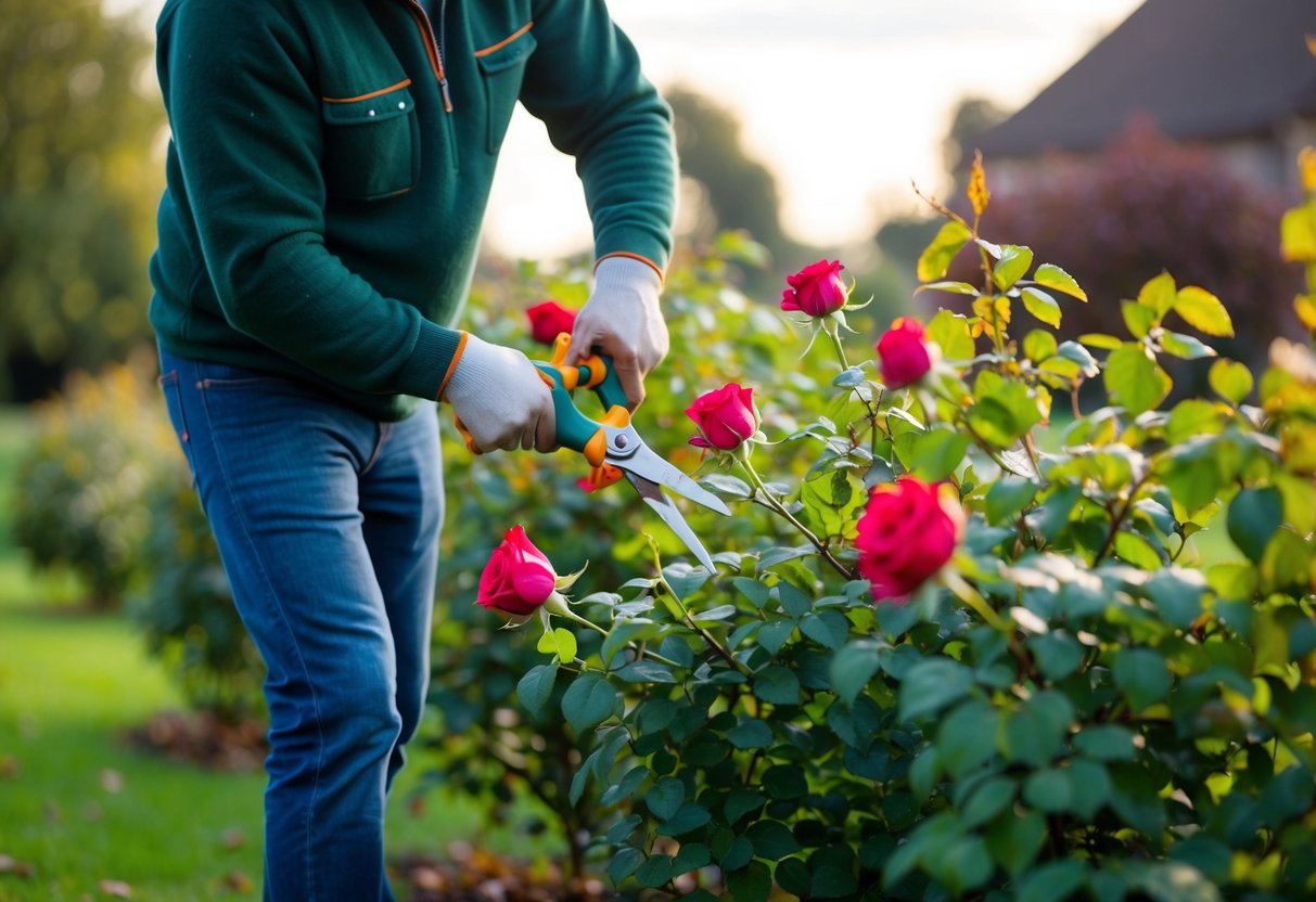 Een tuinier die rozenstruiken snoeit in de herfst