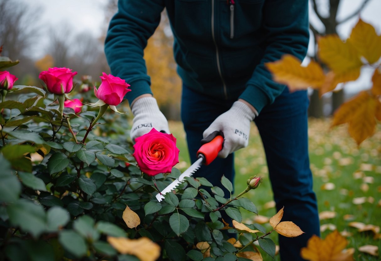 Een persoon die rozenstruiken snoeit in de herfst, omringd door gevallen bladeren en een frisse, koele sfeer.