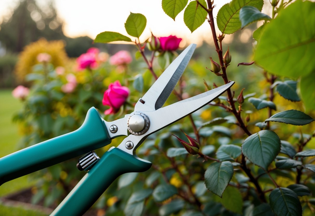 Een paar snoeischaren die overgroeide rozenstruiken in een tuin tijdens het herfstseizoen terugsnoeien.