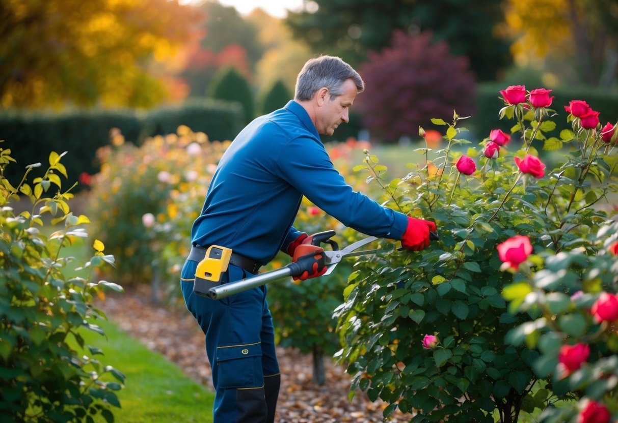 Een tuinier die rozenstruiken snoeit in een herfsttuin