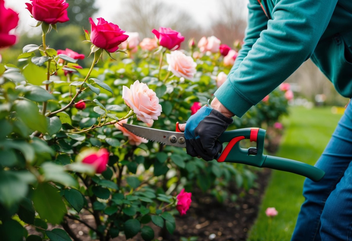 Een persoon die rozenstruiken snoeit in een tuin tijdens de lente