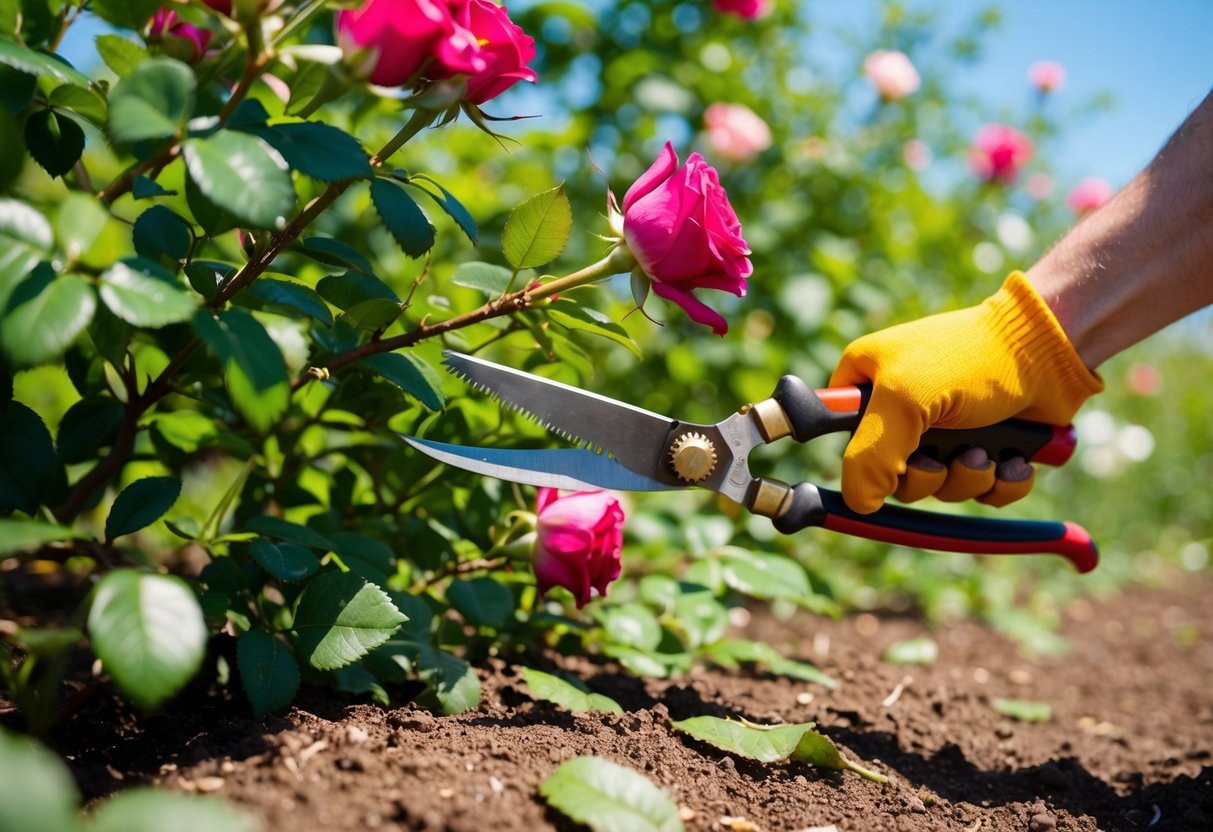 Een paar snoeischaren knipt levendige rozenstruiken terug in een zonnige lentetuin. De gesnoeide takken en verspreide bladeren liggen op de verse grond eronder.