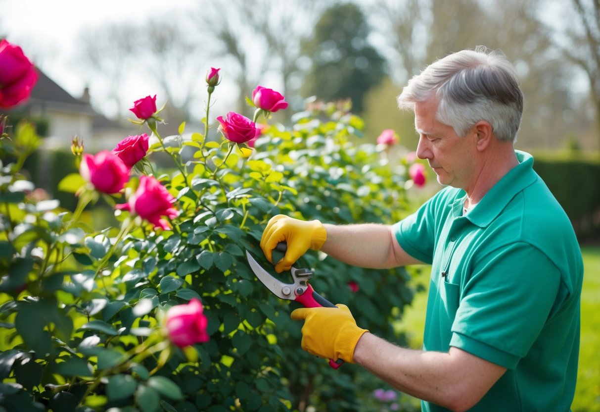 Een tuinman die rozenstruiken snoeit in een lentetuin