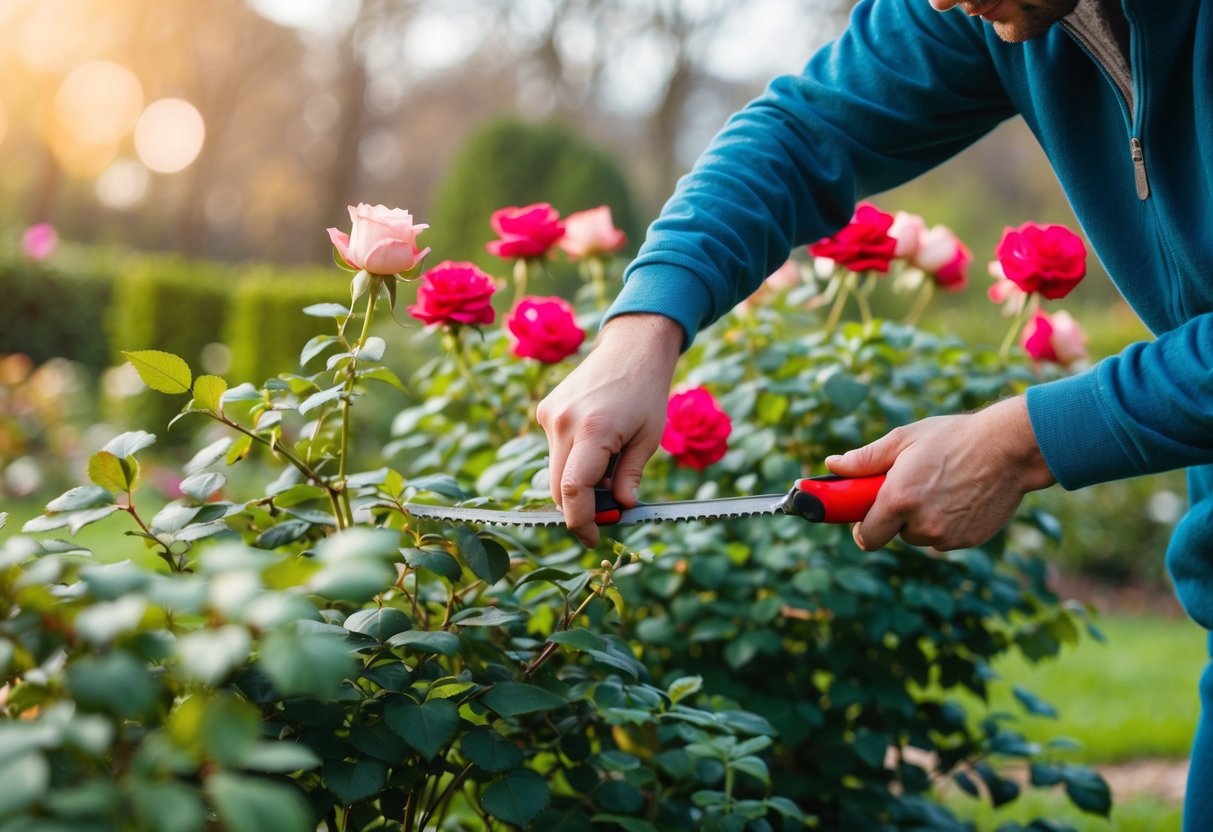 Een persoon die rozenstruiken snoeit in een tuin tijdens de lente