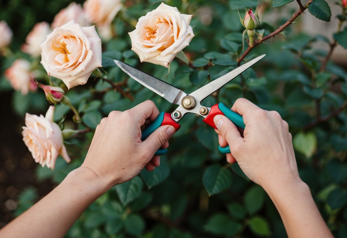 Een paar handen die snoeischaren vasthouden en oude rozen in een tuin snoeien