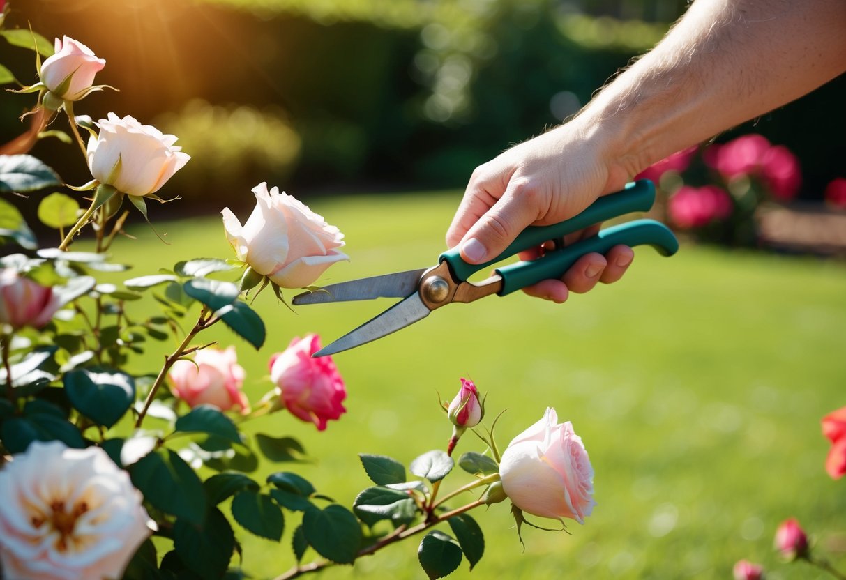 Een tuinman die oude rozen snoeit met een snoeischaar in een zonnige tuin