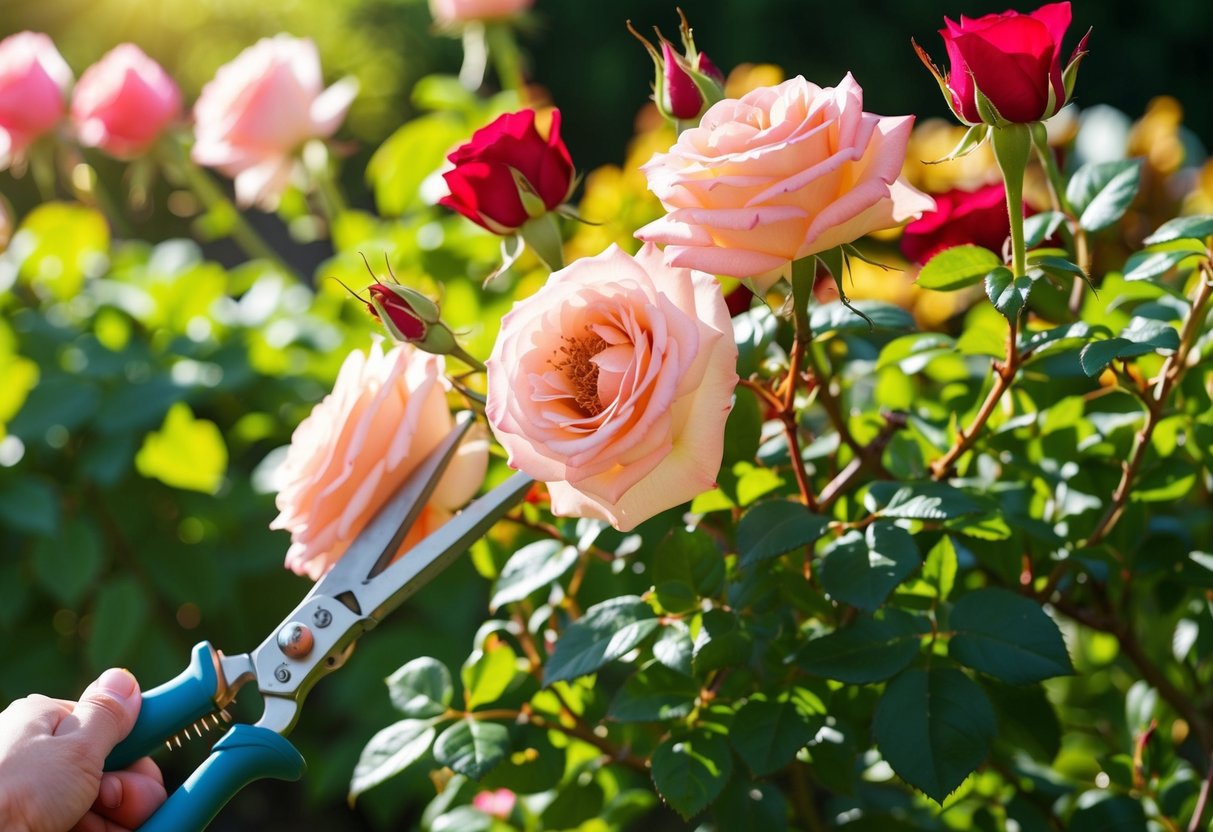 Rozen snoeien in een zonnige zomertuin