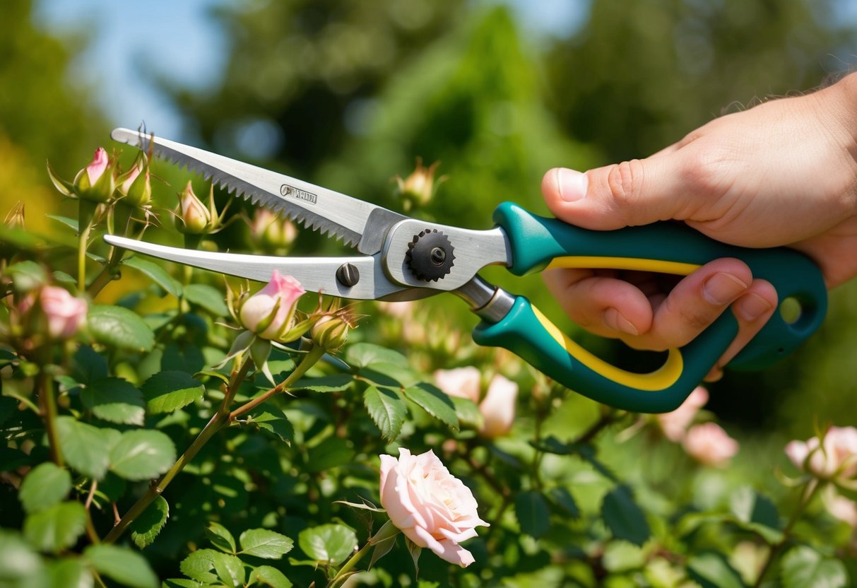 Een paar snoeischaren die overgroeiende rozenstruiken terugsnoeien in een zonnige zomertuin