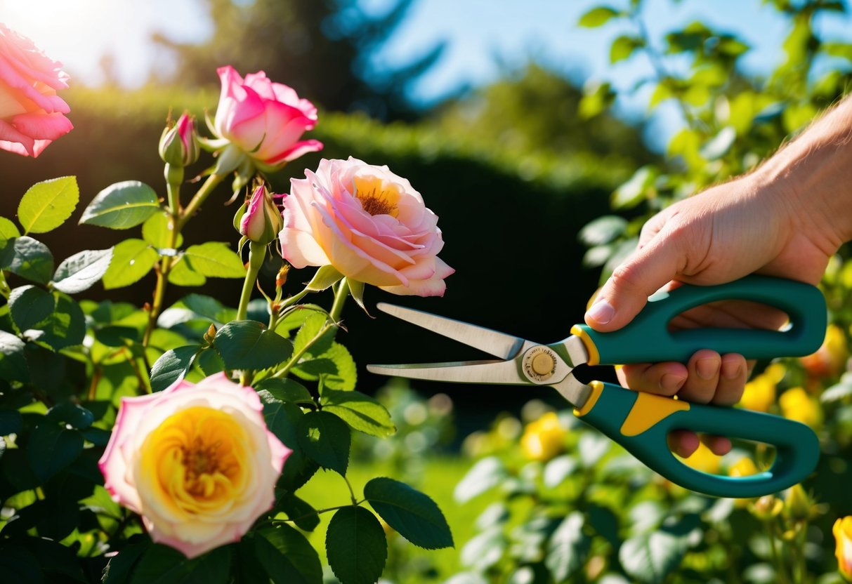 Een zonnige tuin met bloeiende rozen die zorgvuldig worden gesnoeid door een paar tuinschaar. De levendige bloemen contrasteren met het weelderige groene loof.