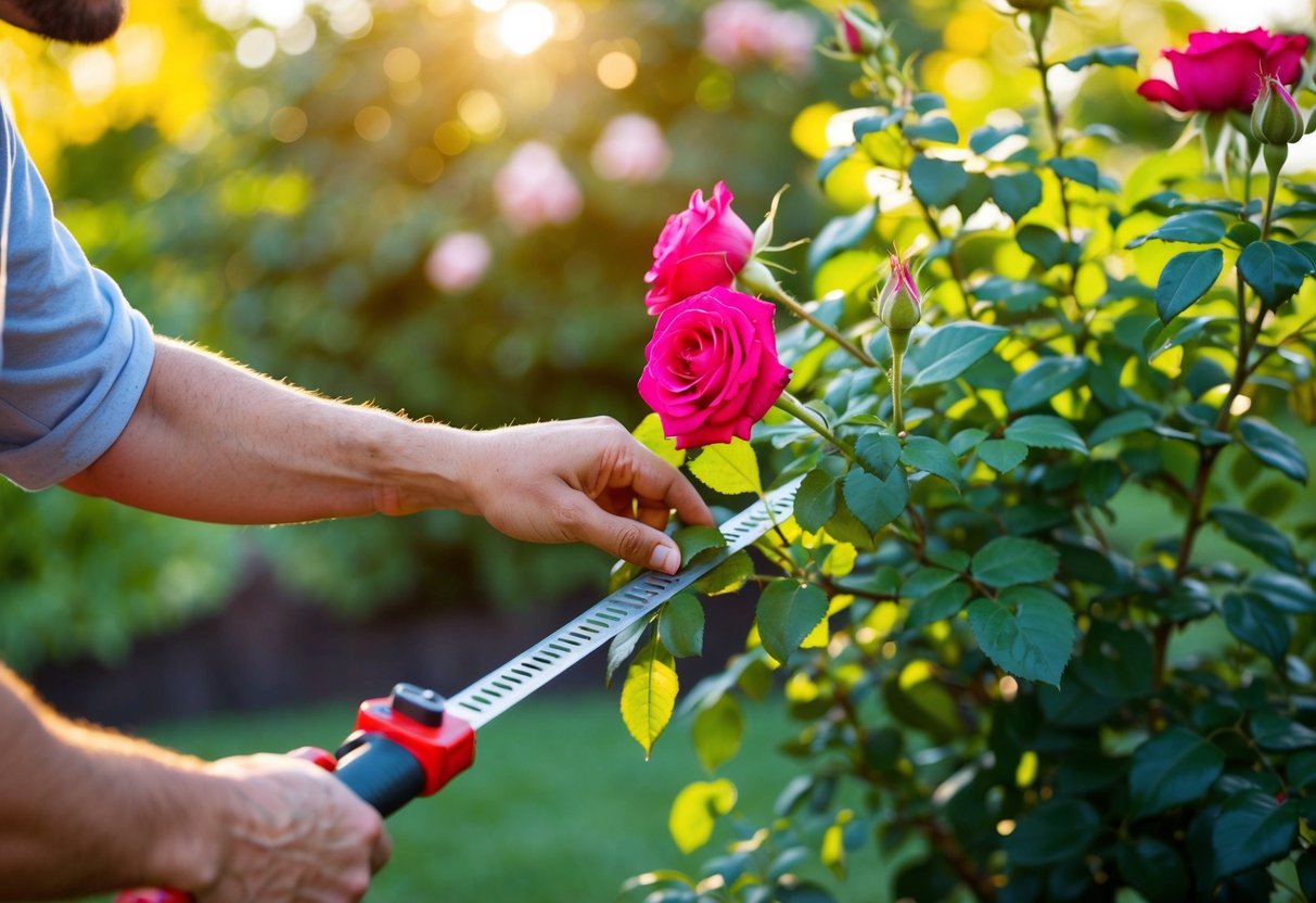 Een persoon die een rozenstruik snoeit in een zonnige tuin