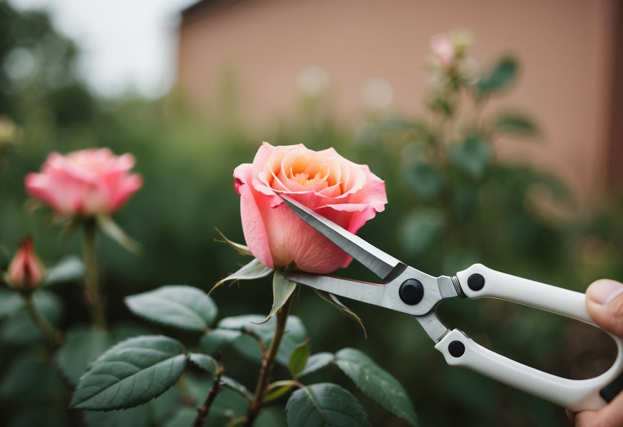 Een verwaarloosde roos die wordt gesnoeid met een paar snoeischaren