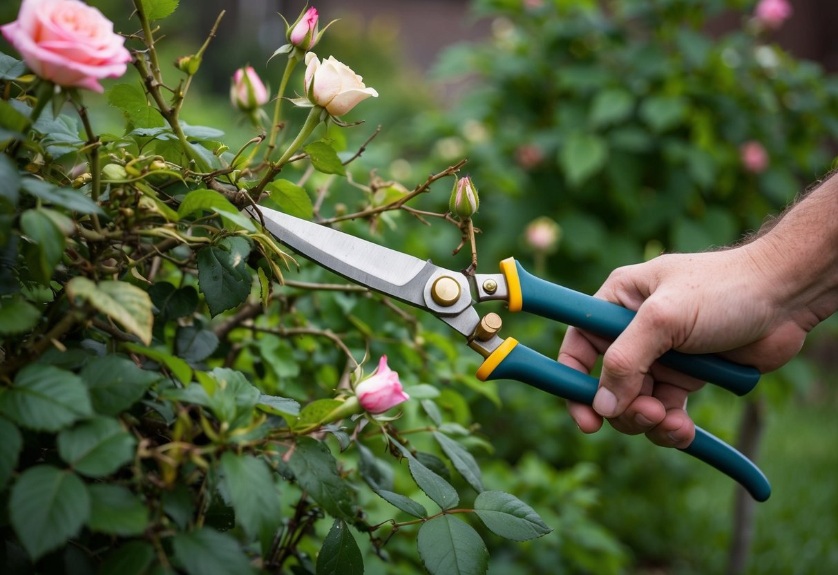 Een paar snoeischaar die overgroeide en verwilderde rozenstruiken in een verwaarloosde tuin terugsnoeien