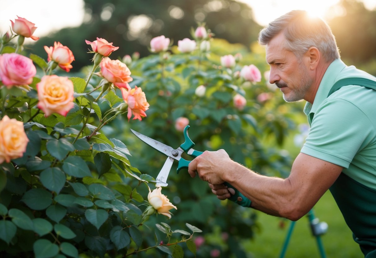 Een tuinier die vakkundig oude rozen snoeit en verzorgt met specifieke snoeitechnieken