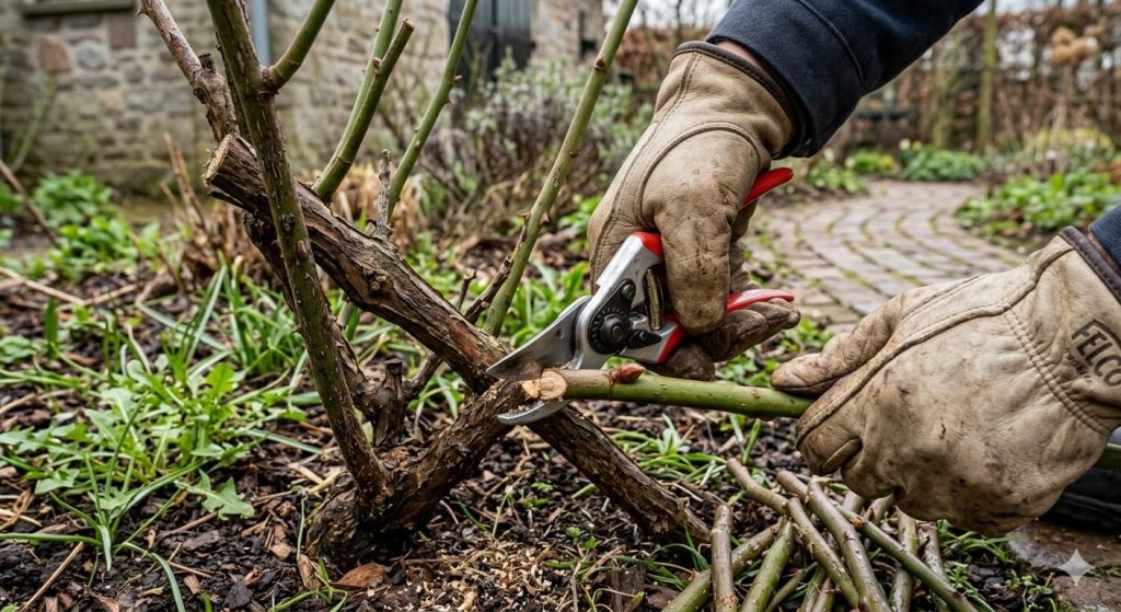 Tuinier snoeit een verwaarloosde oude roos met snoeischaar en verwijdert verhoute takken