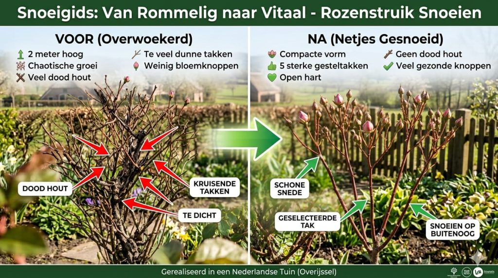 Voor/na voorbeeld rozen snoeien — rommelig naar bloeiklaar