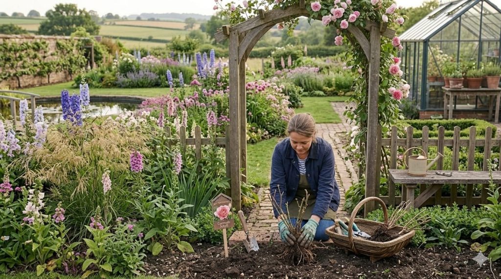 Rozen planten met kale wortel in de tuin