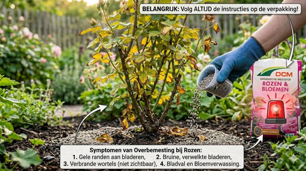 80‑100 gram rozenmest per volwassen rozenstruik in de tuin.