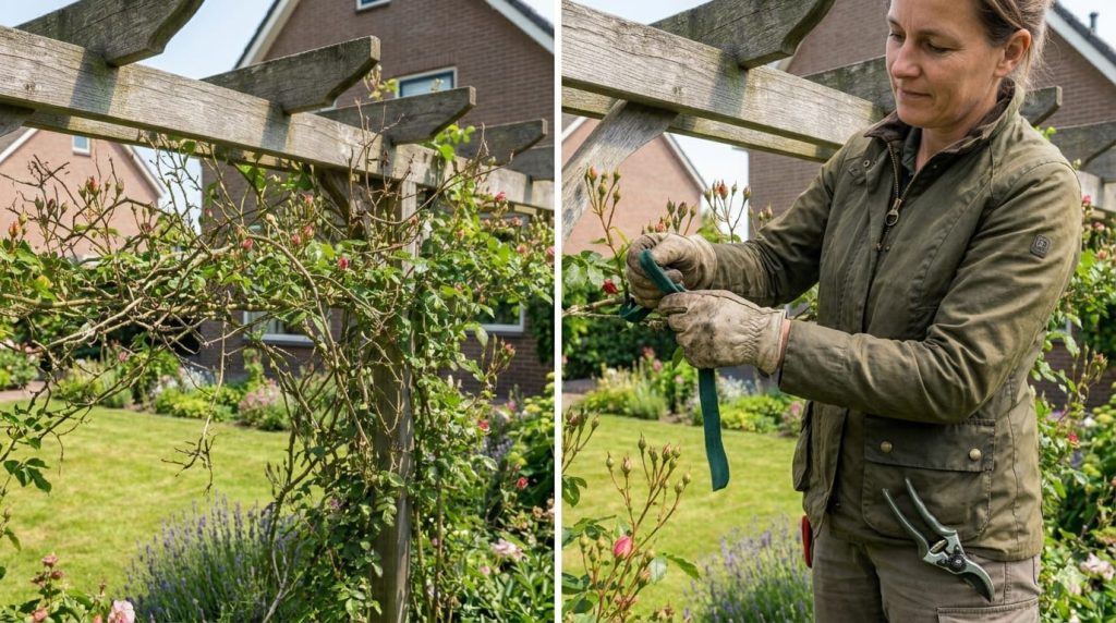 Klimroos langs een pergola met horizontaal geleide takken en bloeiknoppen