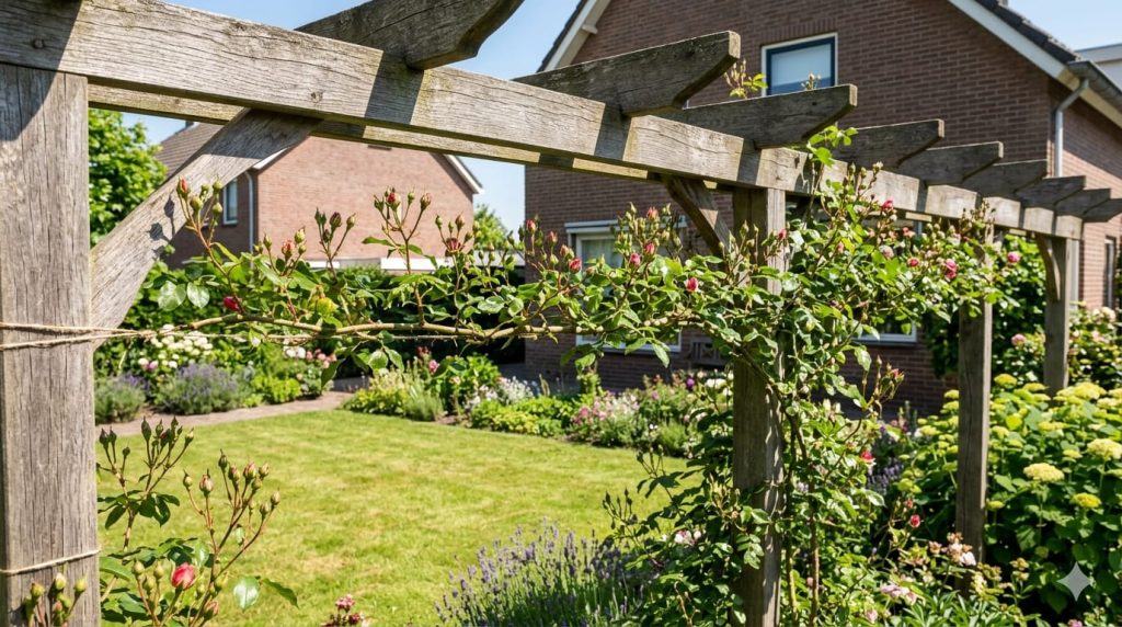 Tuinier bindt een klimroos losjes vast aan een houten rek met zachte binders