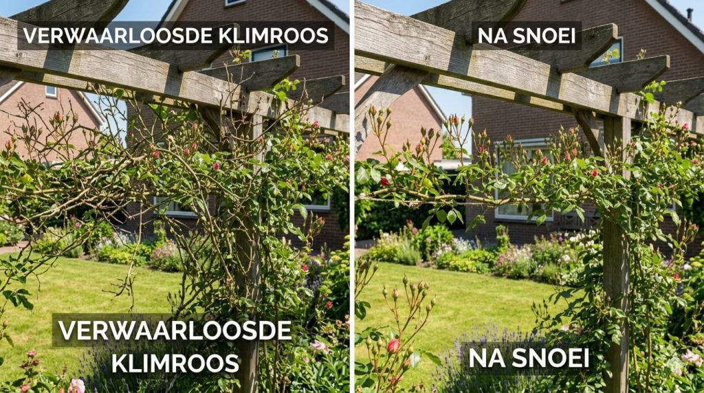 Voor- en nabeeld van een klimroos vóór en na de snoei in een tuin