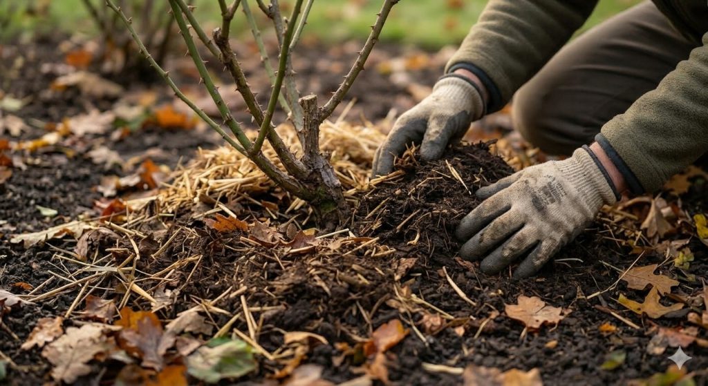 Handen van een tuinman die mulch en compost aanbrengen rond de voet van een rozenstruik ter bescherming tegen vorst.