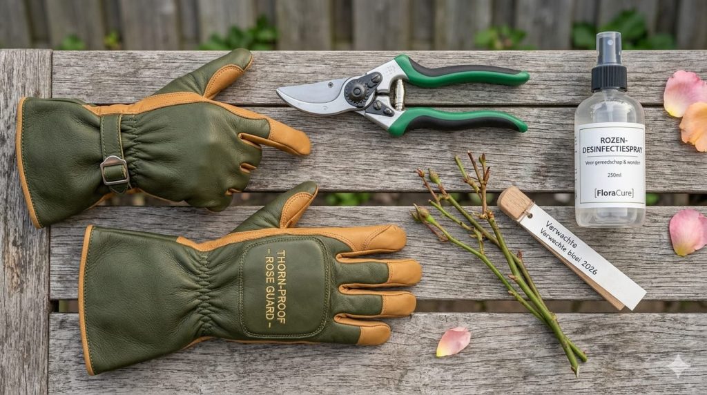 Snoeischaar, doornvrije handschoenen en desinfectiespray voor het snoeien van rozen
