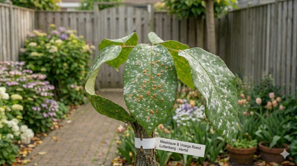 Stamroosblad met meeldauw en vroege roest in de tuin

