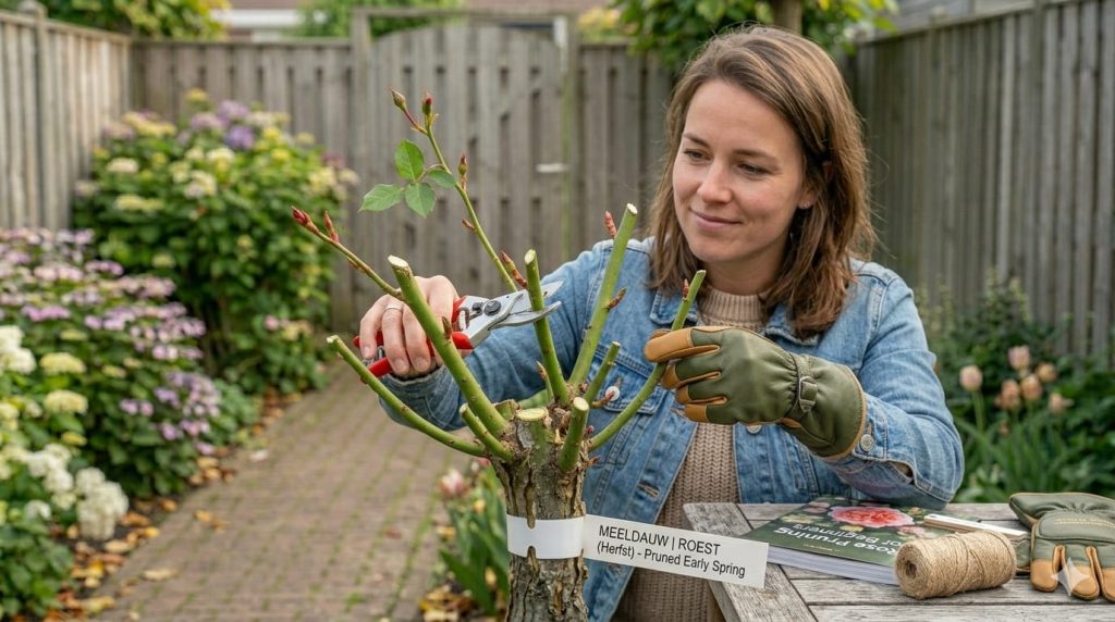 Tuinier snoeit een stamroos in het voorjaar terwijl hij let op meeldauw en roest
