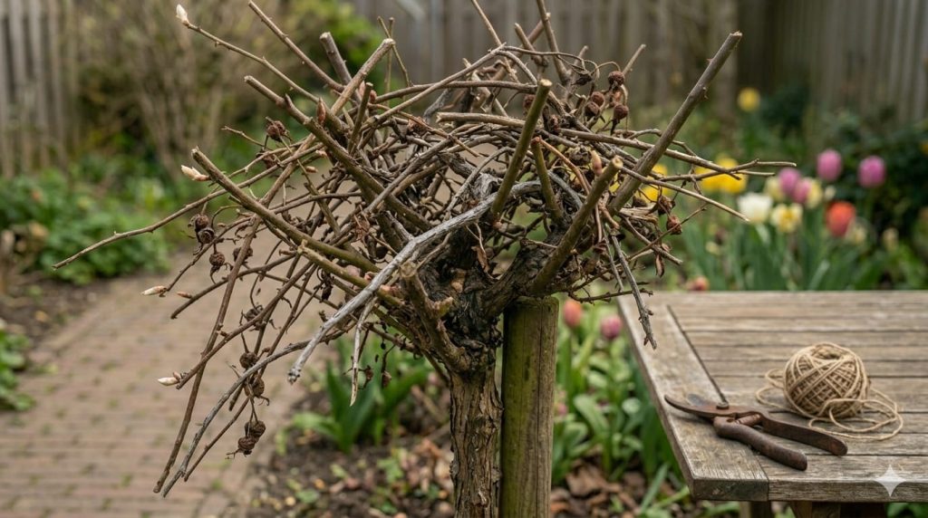 Verwaarloosde stamroos met veel dode en kruisende takken vóór de snoei