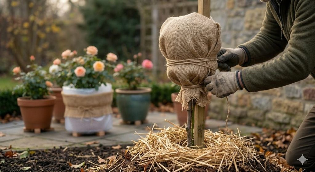 Kroon van een stamroos die zorgvuldig is ingepakt met ademend jute en stro voor winterbescherming.