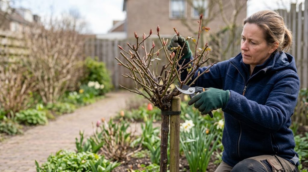 Tuinier snoeit een stamroos in het vroege voorjaar met een compacte, verhoute kroon